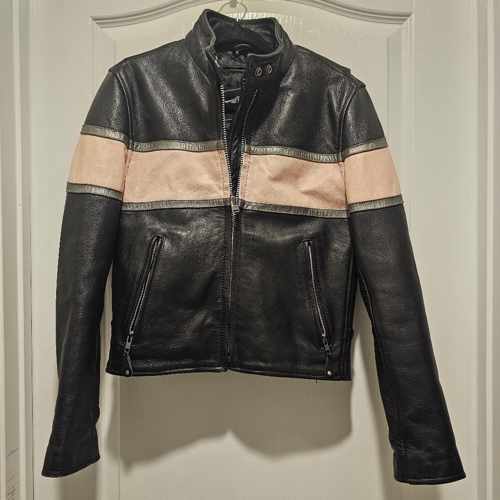 Women Small Unik Leather Motorcycle Riding Jacket Pink Black  Y2k Bikercore